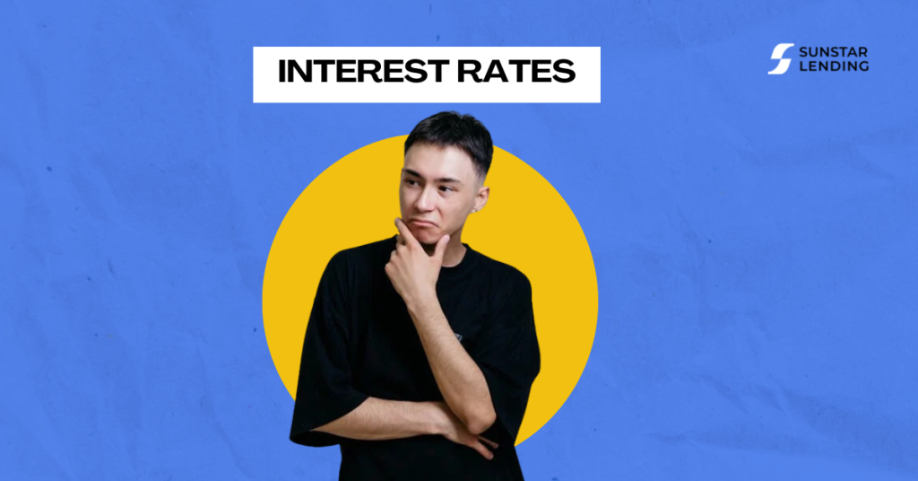 Illustration showing different types of interest rates with a graph and calculator, representing financial concepts for borrowers and savers.