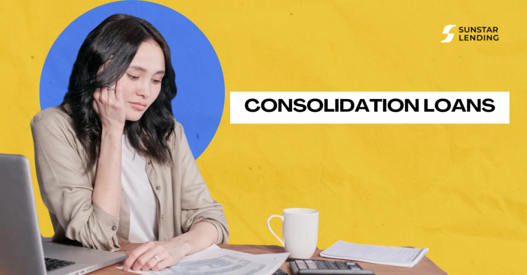 Smiling woman reviewing documents with a laptop and coffee, representing debt consolidation and financial planning.